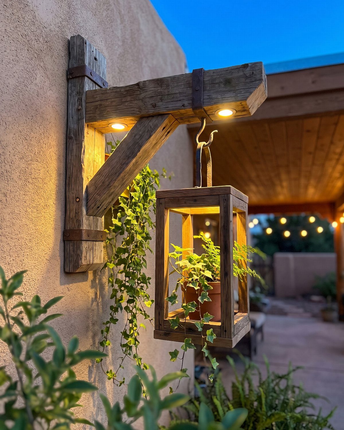 17 Handmade Lamps Ideas Using Wood, Concrete, and Glass Jars 5 Rustic wooden wall lamp with a hanging lantern containing a small potted plant.