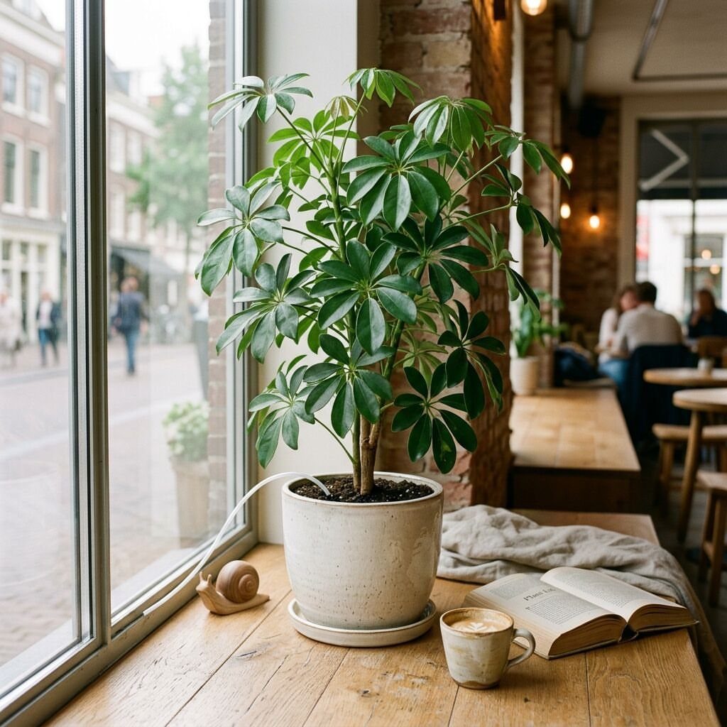 Schefflera houseplant with fan-like leaves in a white pot on a wooden windowsill.