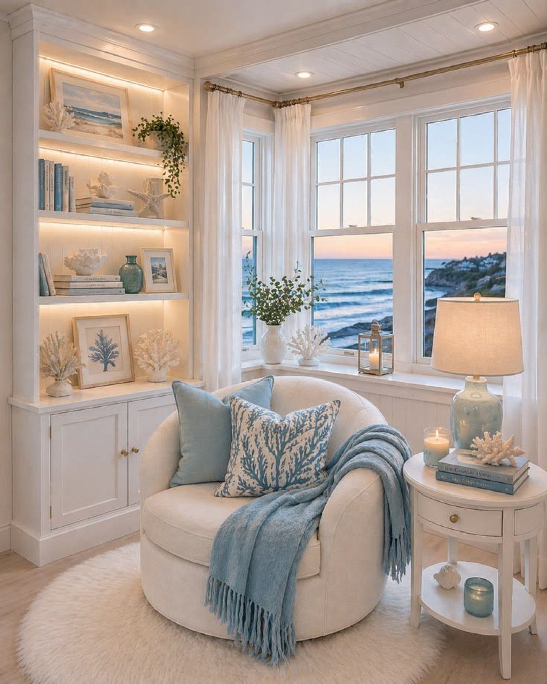 White swivel chair with blue accents next to a window overlooking the ocean.