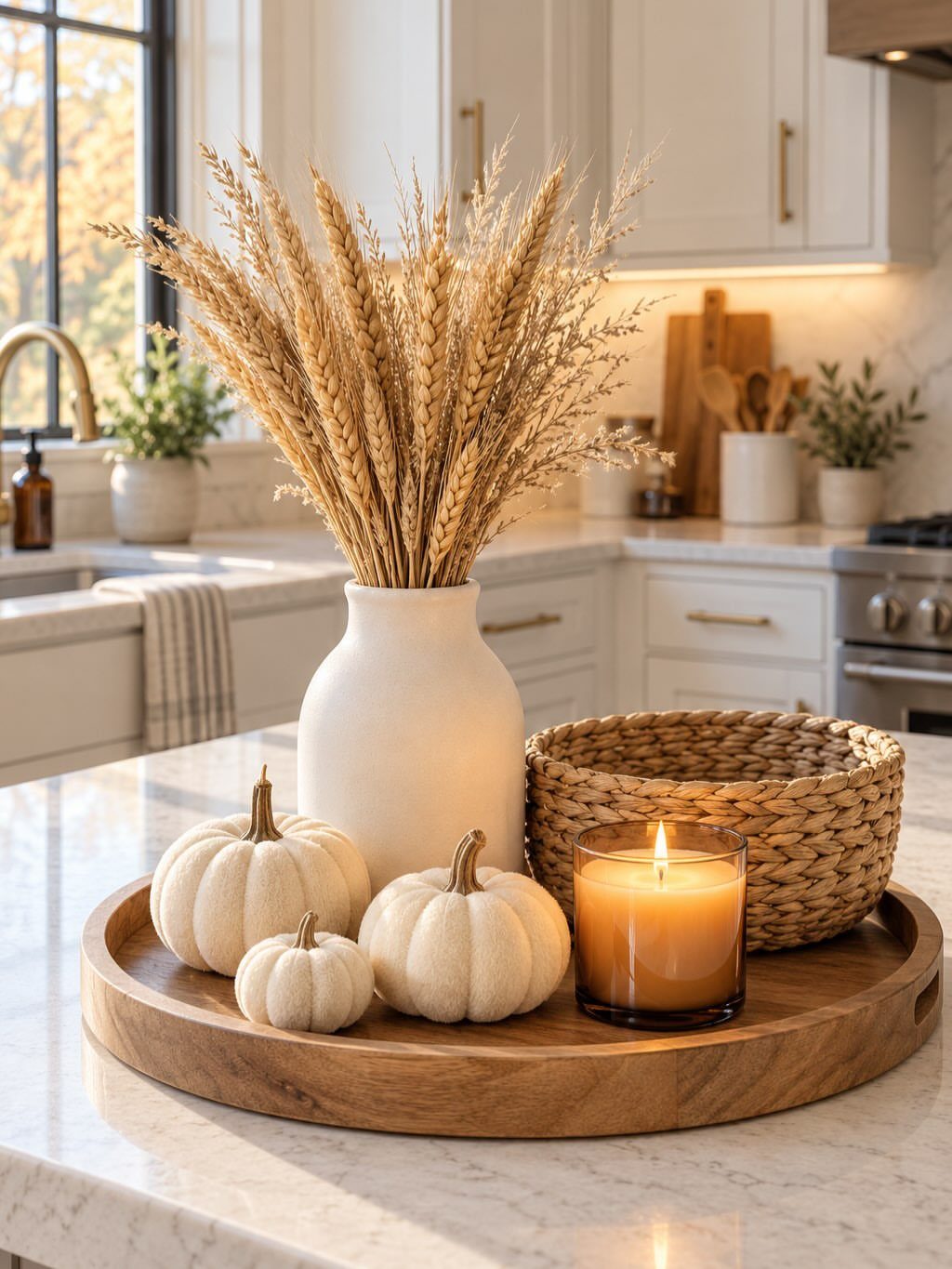 40 Home Decor Item Ideas, From Candle Holders to Sculptures 34 Wooden tray with white pumpkins, a lit candle, and wheat in a vase.