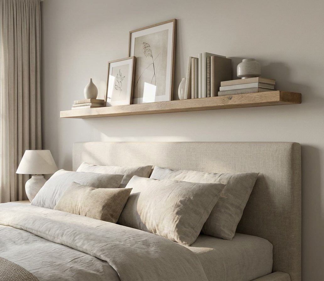22 Bedroom Empty Wall Ideas, from Gallery Walls to Plaster 18 Wooden floating shelf with art and books above a neutral toned bed