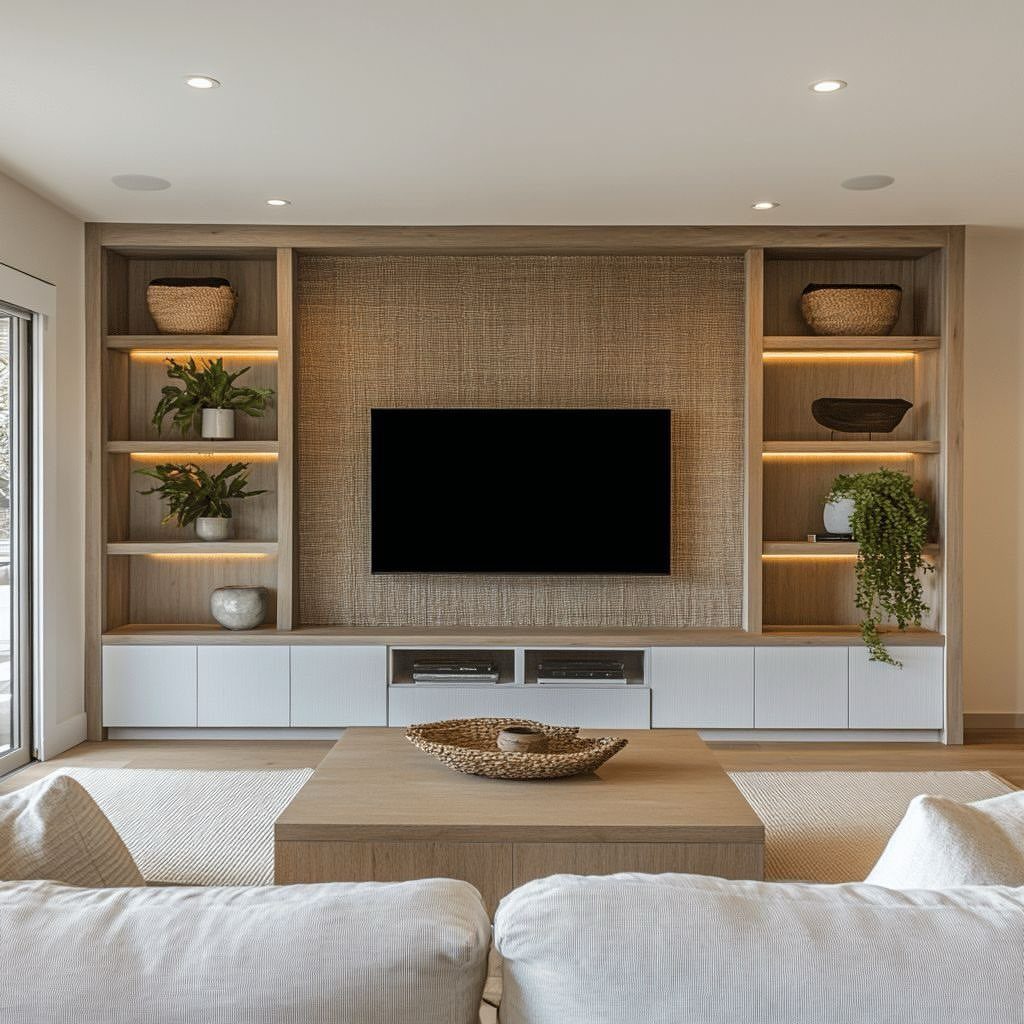 21 Living Room TV Unit Designs Luxury Homes Need in 2026 7 Built-in wooden TV unit with open shelves, integrated lighting, and a textured backdrop.