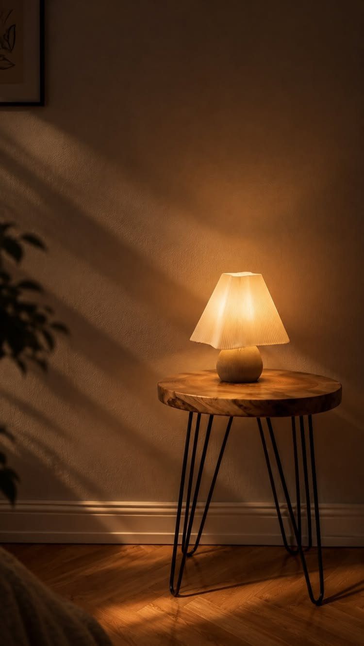 Small wooden side table with a glowing lamp in a dim room corner.
