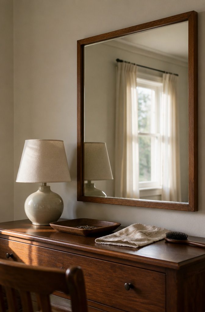 Warm wood framed mirror above a dresser with a visible reflective edge