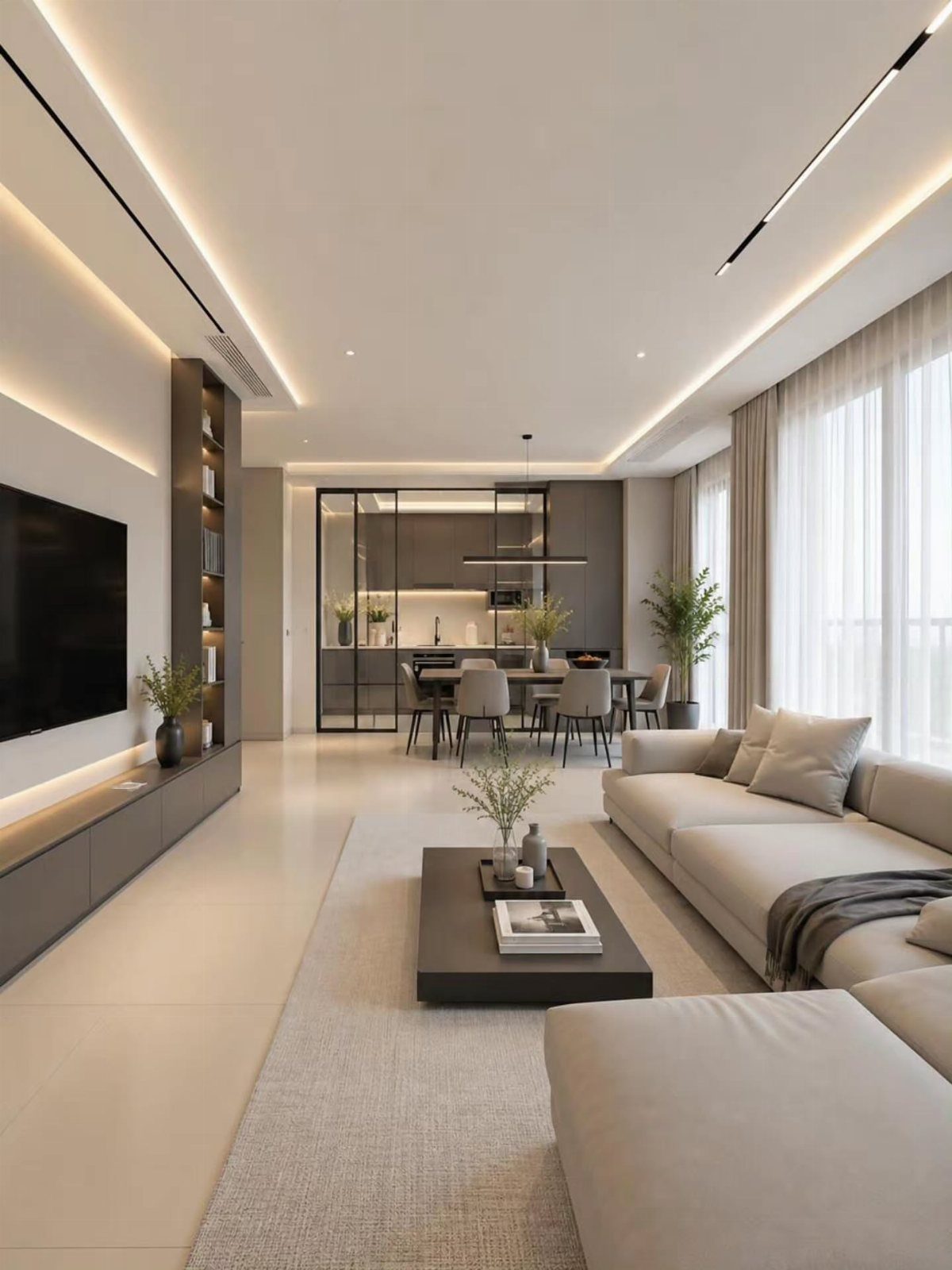 Modern living room with neutral tones, sleek furniture, and an open dining area.