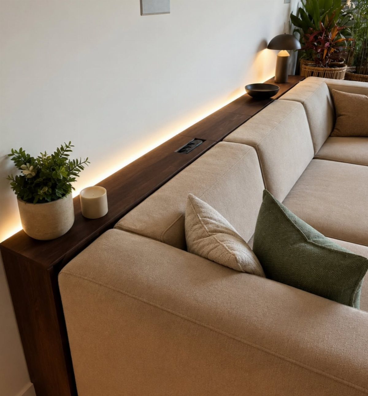 Slim dark wood shelf with integrated lighting behind a beige fabric sofa