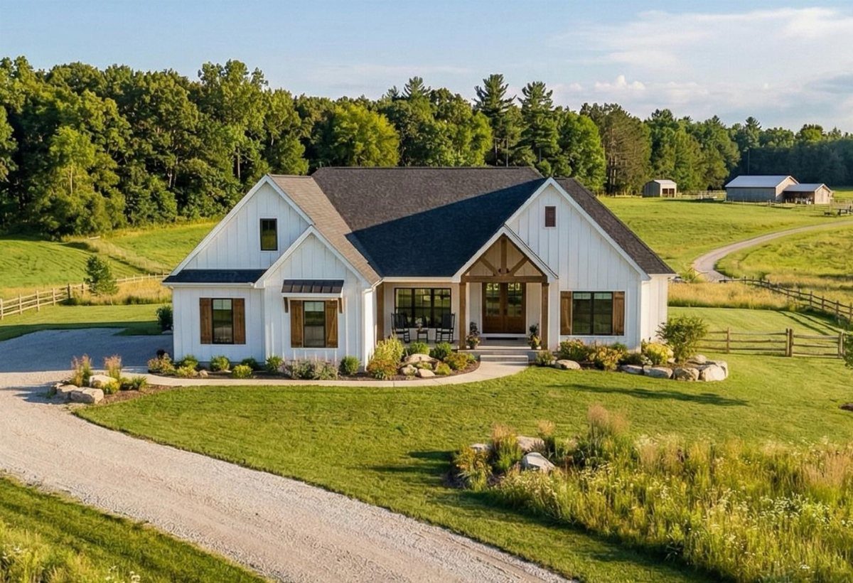 White modern farmhouse with dark grey roof and wooden porch in rural landscape