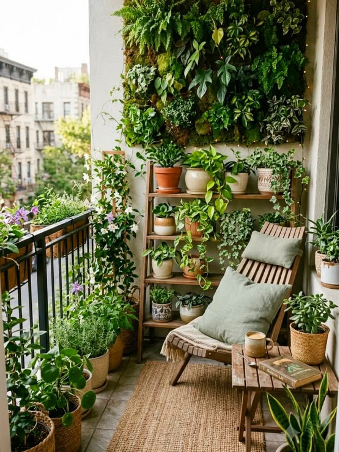 House Plant Pots: 21 Ideas in Ceramic, Terracotta and Metal 21 Lush balcony garden with a vertical green wall and tiered wooden plant shelving.