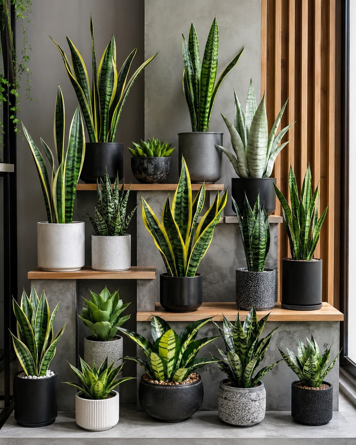Various snake plants in modern pots arranged on tiered wooden shelving units.