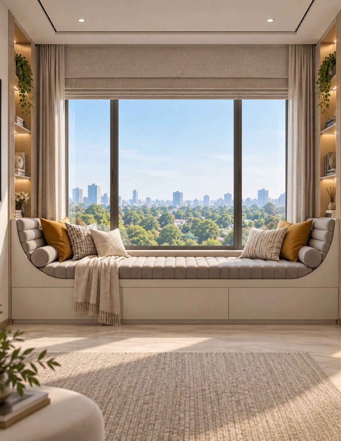 Built-in window reading nook with grey cushions and pillows overlooking a city skyline.