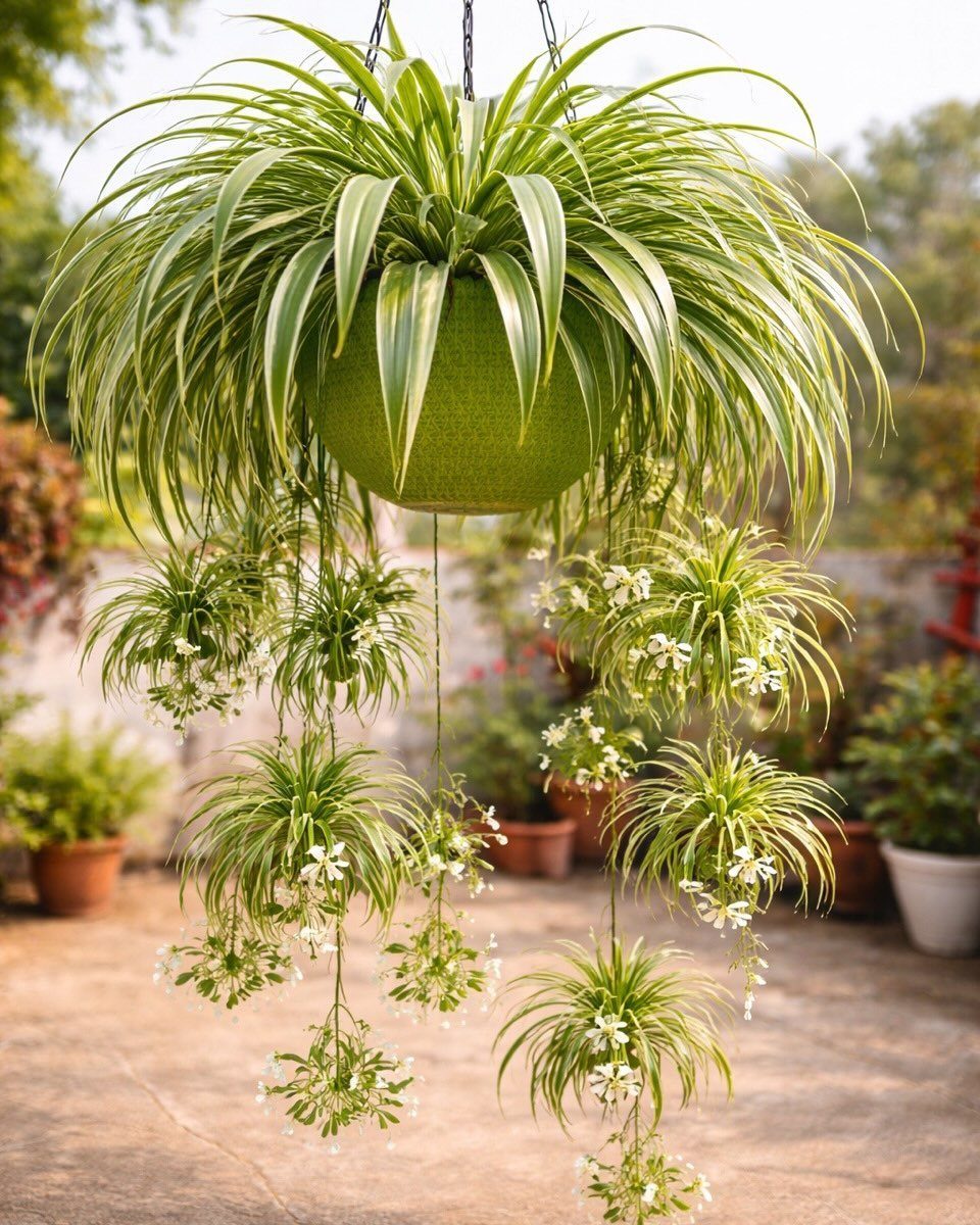Green spherical hanging planter with arching spiky leaves and small white flowers.