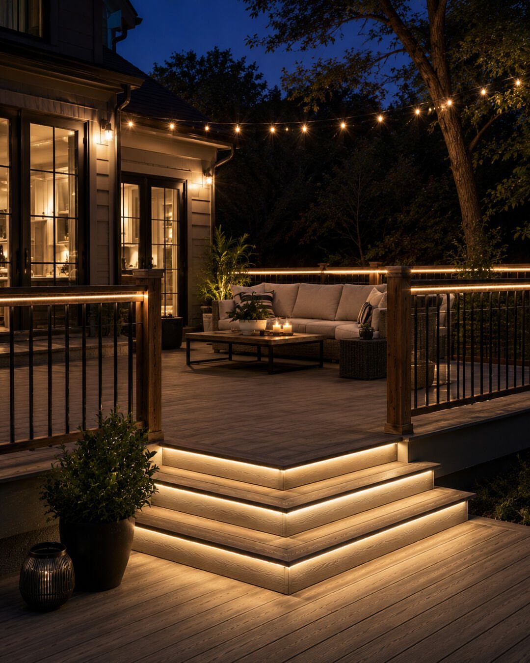 13 Rope Lighting Ideas Outdoor for Decks, Steps and Fences 5 Wooden deck stairs and railings illuminated by warm yellow rope lighting at night.