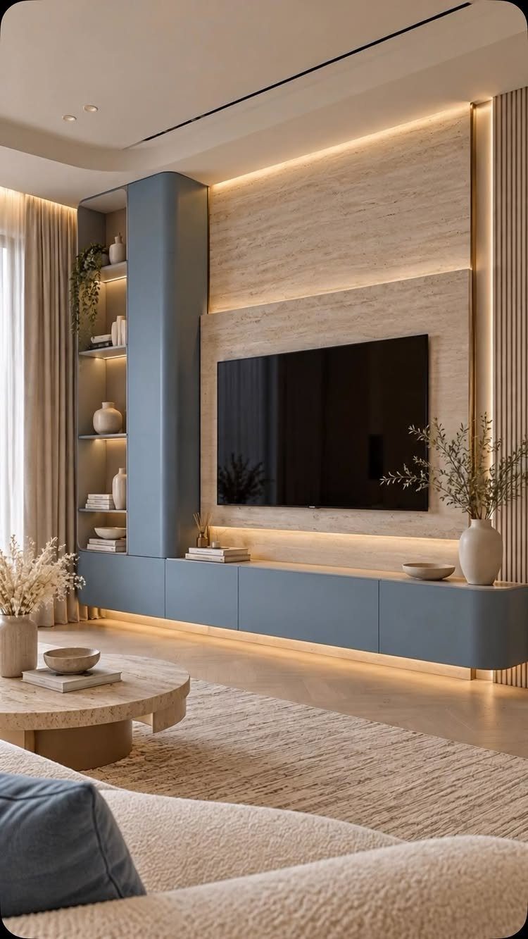 Modern TV wall with stone accent panels, blue floating console, and integrated LED lighting.