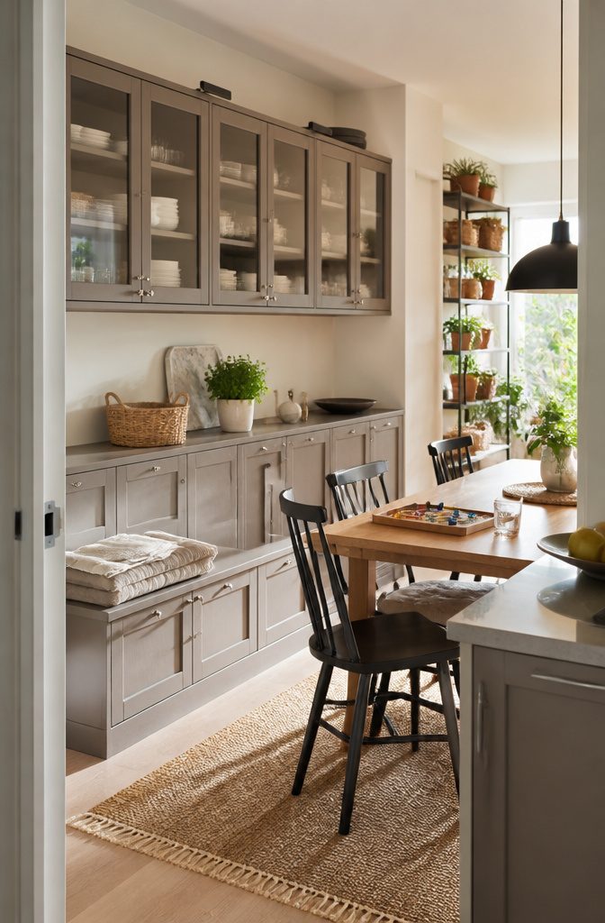 How to Build IKEA HAVSTA Built Ins With Trim, Frame and Paint 8 HAVSTA dining bench with upper cabinets beside a table and kitchen