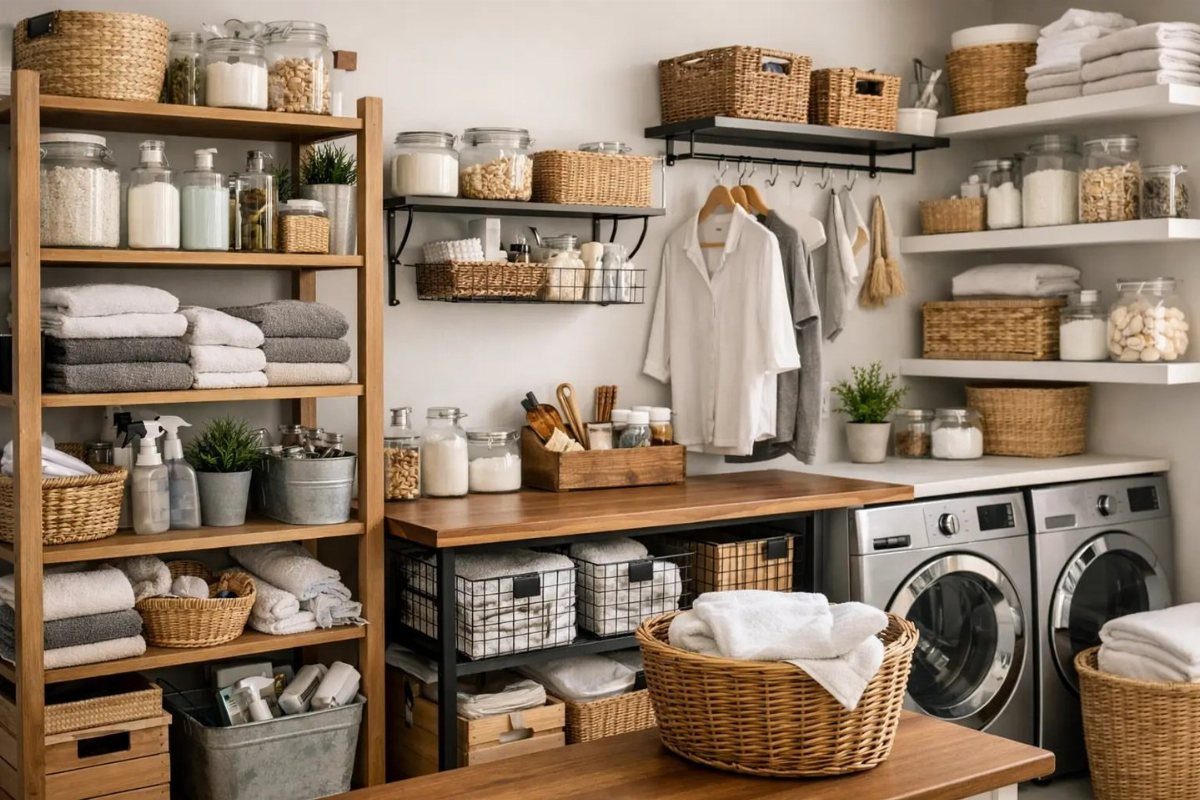 Wooden and metal storage shelves with baskets and jars in a bright laundry room.