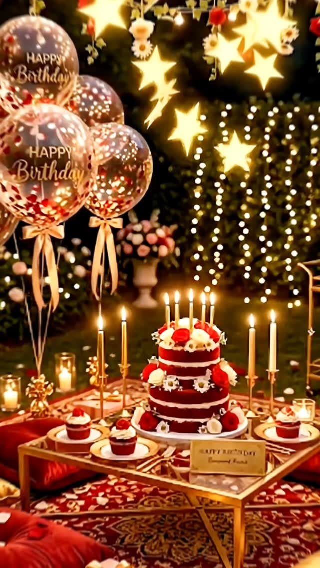 Outdoor birthday party setup with red velvet cake, balloons, and glowing string lights.