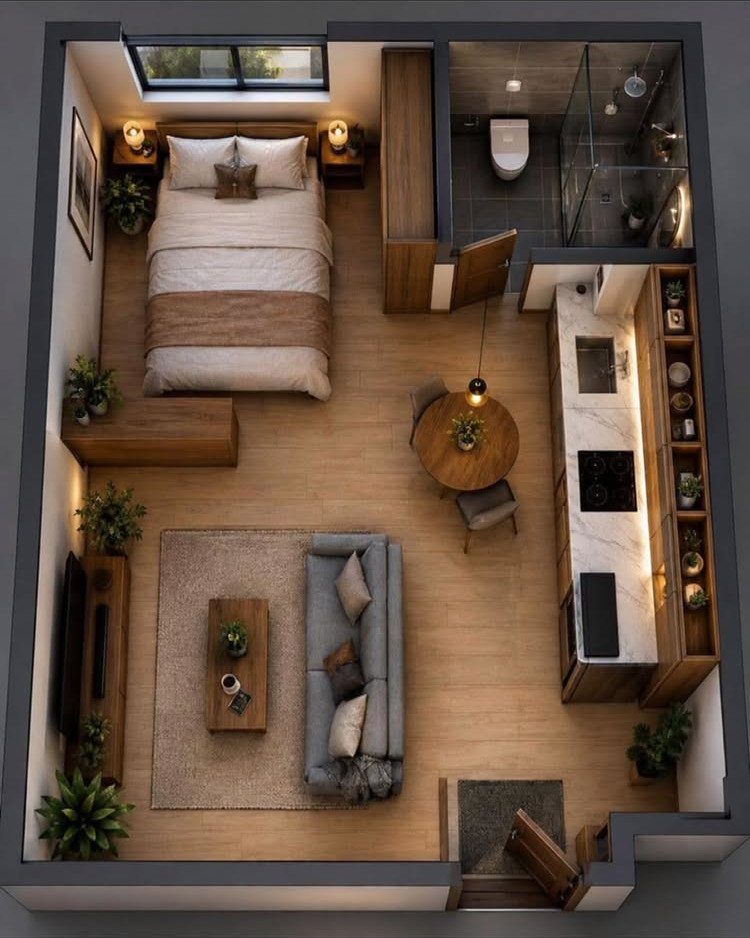 Tiny House Layout Ideas: 34 Kitchens, Lofts, Decks, Porches 11 Studio-style tiny house layout with open living, sleeping, and kitchen areas in one room.