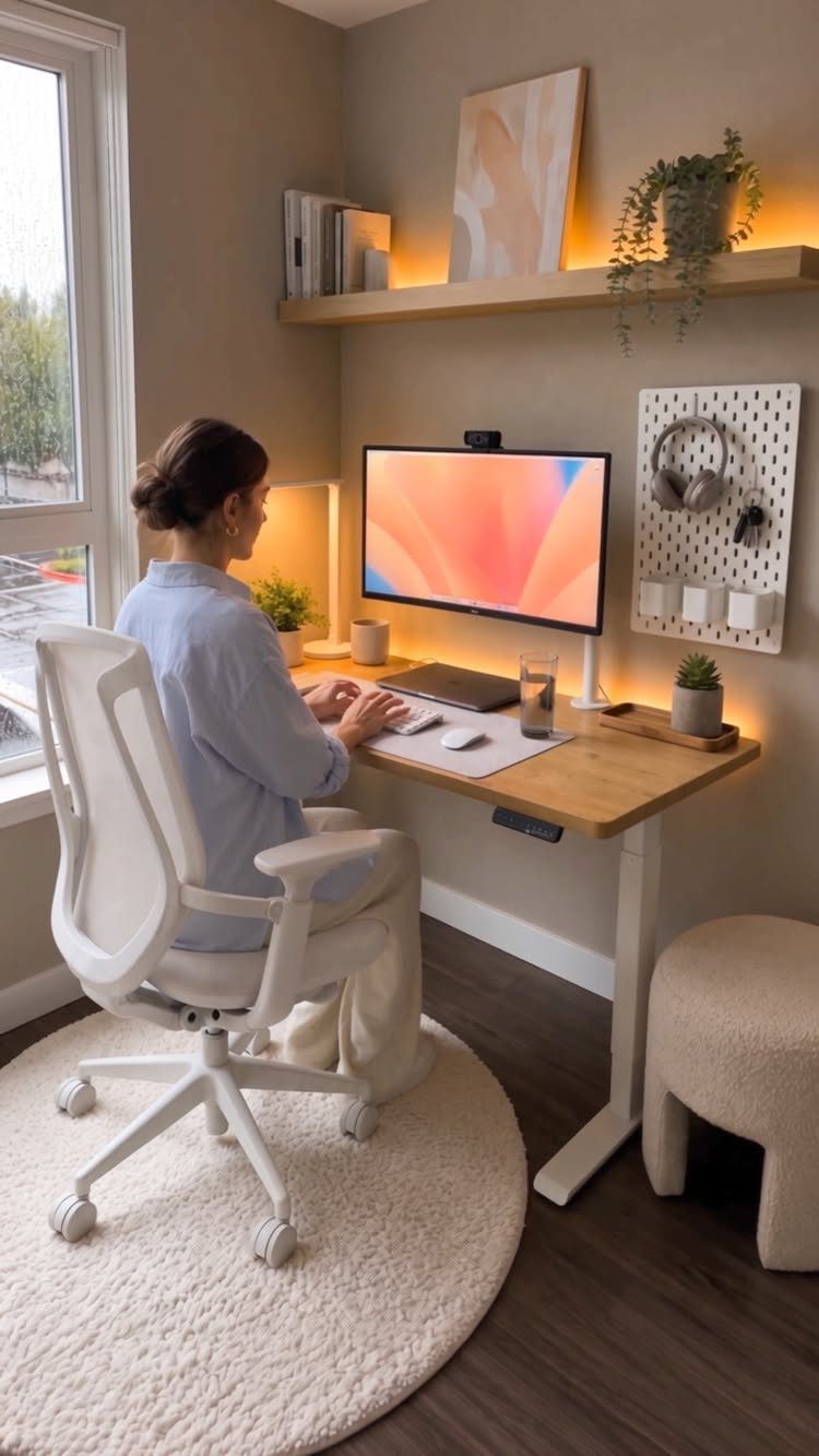 Woman sitting in a white ergonomic office chair at a clean wooden desk setup.