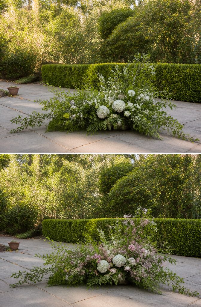 Floor flower arrangement with branches extending unevenly from the foam