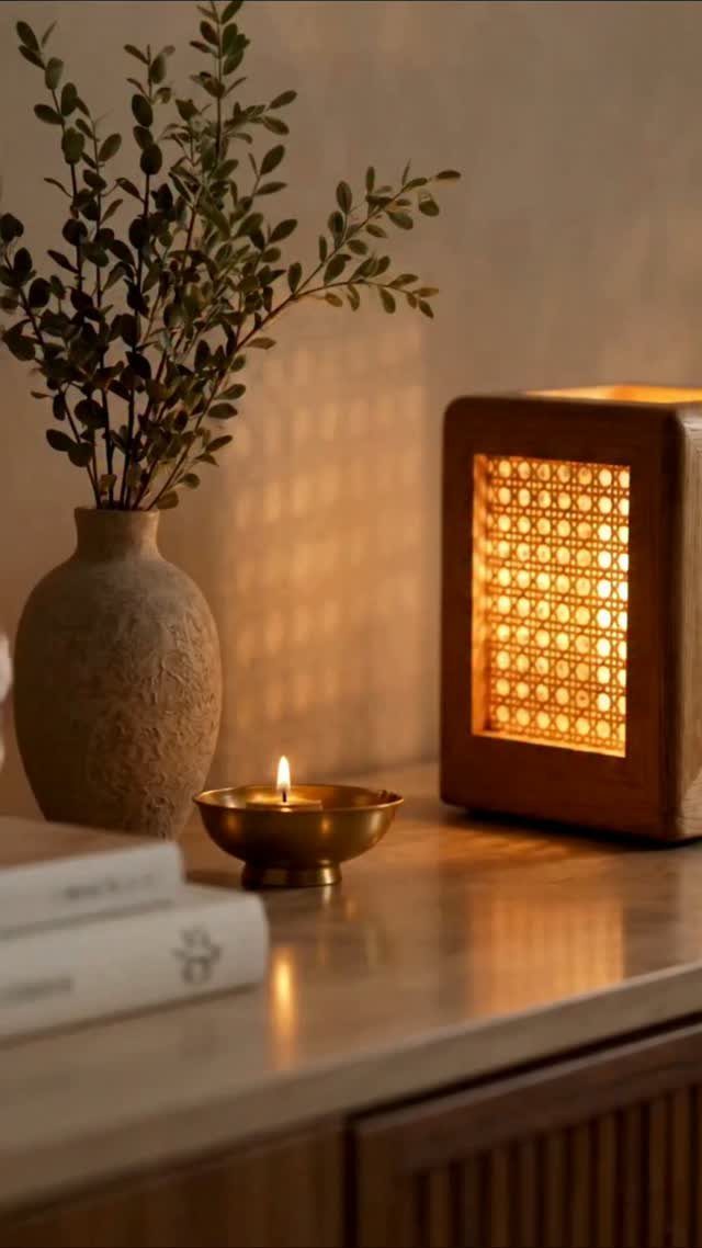 40 Home Decor Item Ideas, From Candle Holders to Sculptures 4 Wooden square table lamp with woven lattice and warm light on a sideboard.