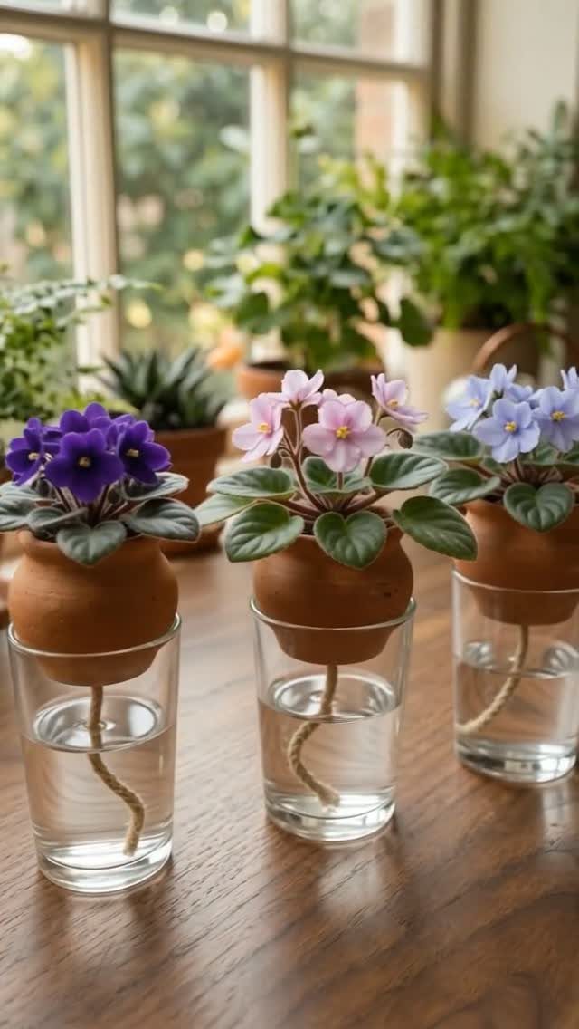 House Plant Pots: 21 Ideas in Ceramic, Terracotta and Metal 14 Terracotta self-watering pots with flowering plants sitting in glasses of water on wood.