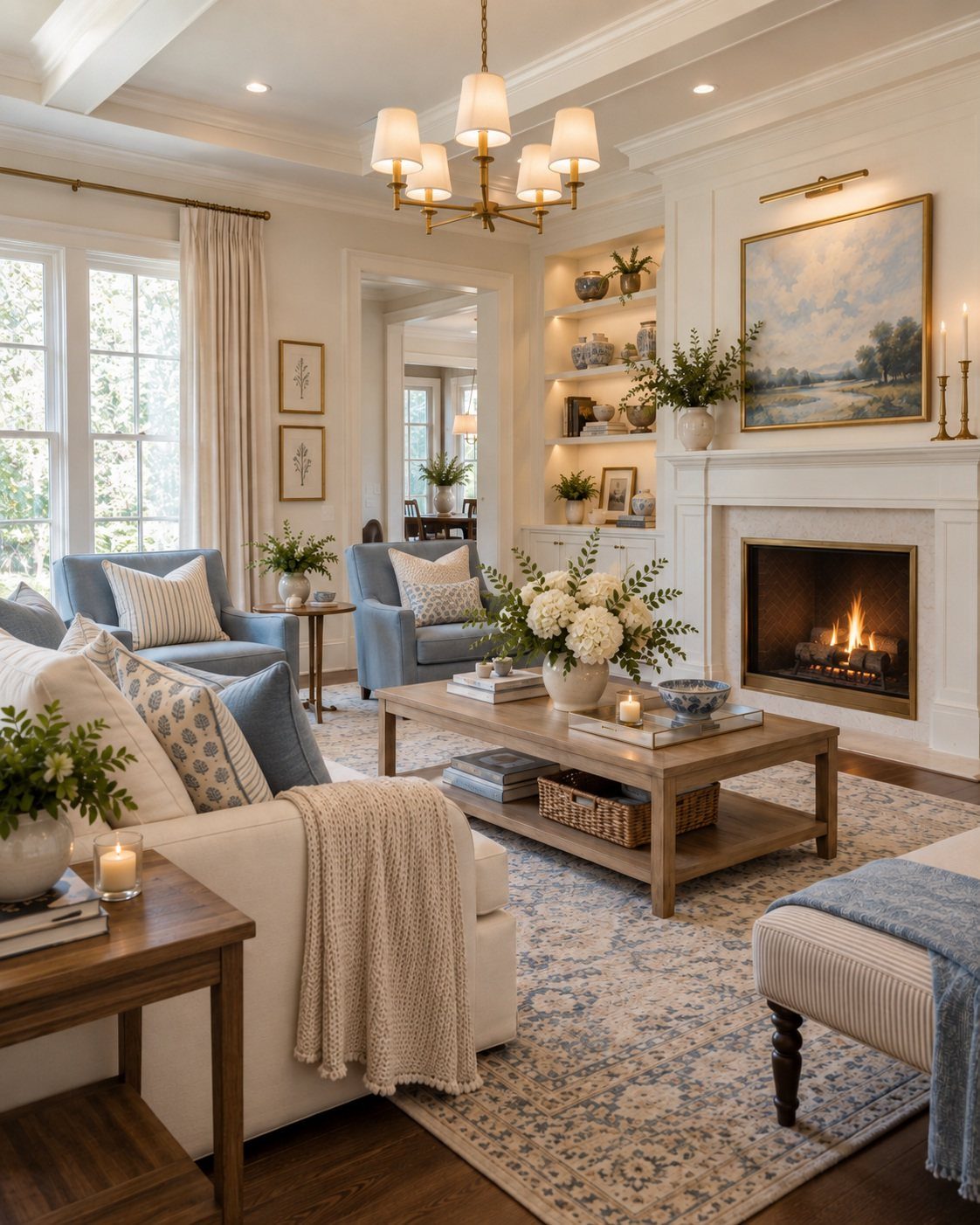 Traditional living room with white fireplace, blue armchairs, and a gold chandelier.