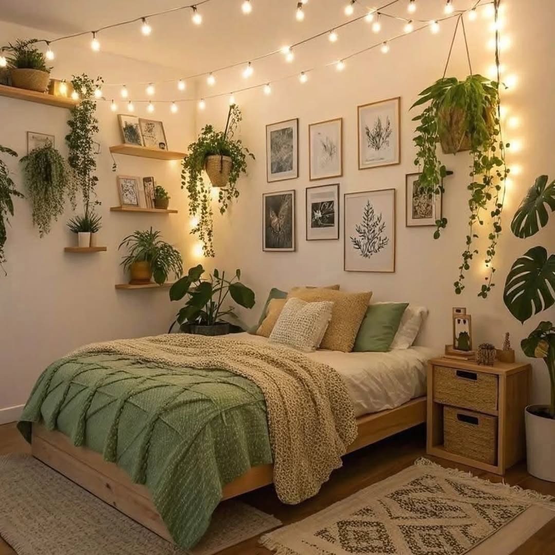13 Alt Room Decor Ideas with Moody Colors, Wood, and Plants 4 Cozy bedroom with trailing plants, botanical wall art, and warm string lights overhead.