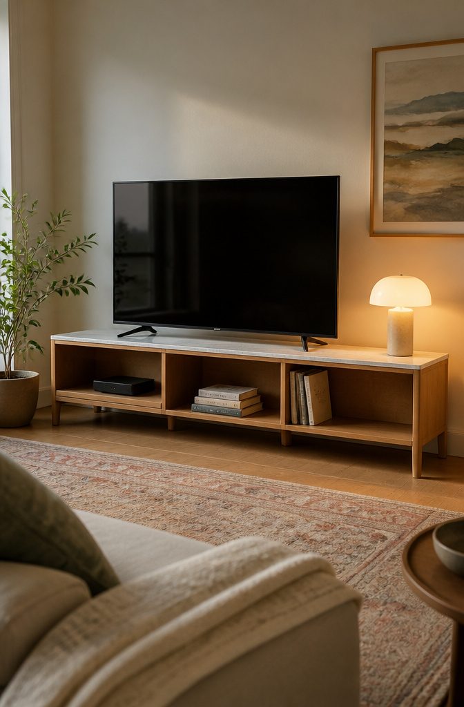 Rental Friendly Shelves for Apartments, Bathrooms, and Closets 8 Low open-shelf TV stand with electronics books and a television