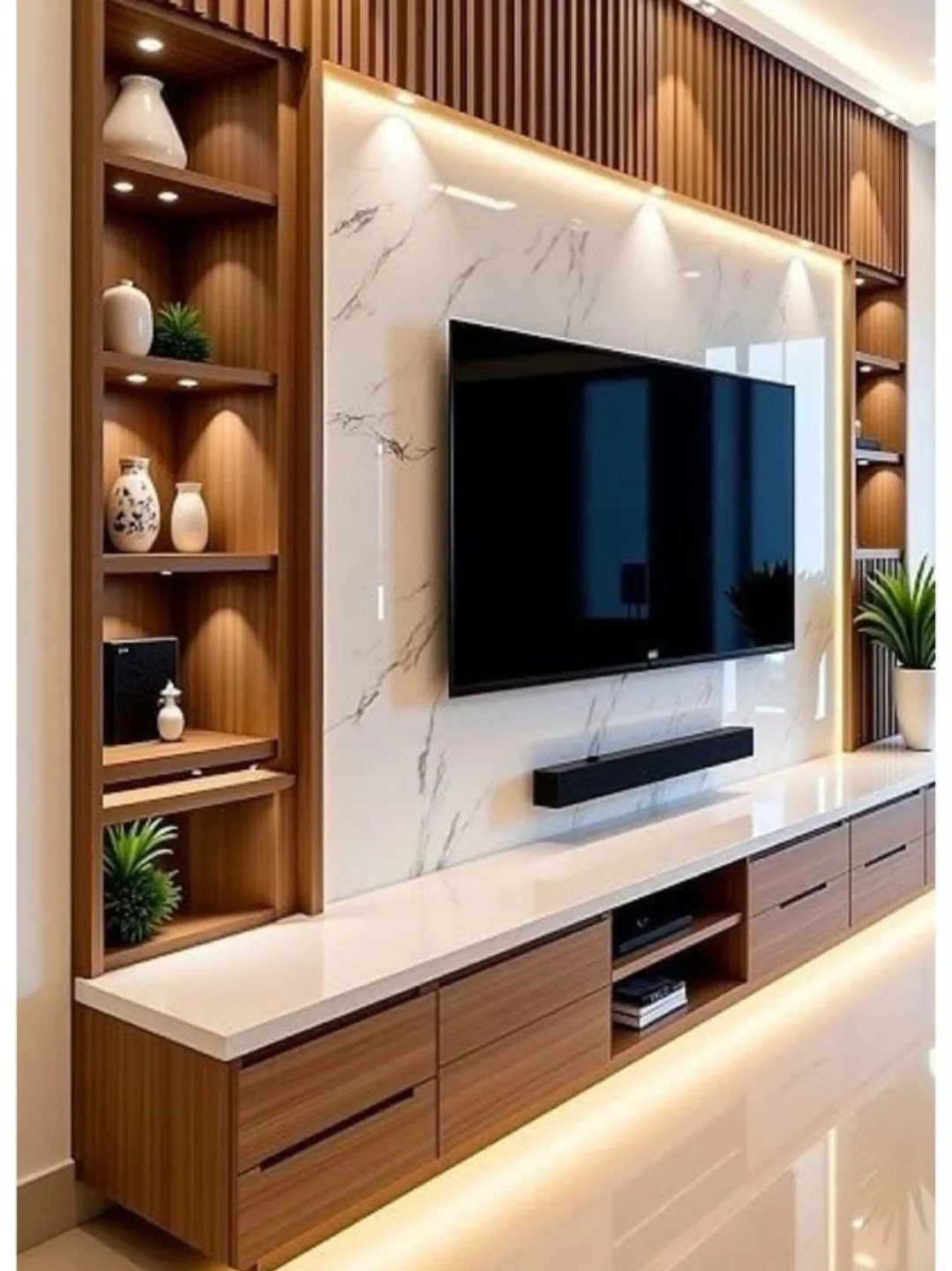 Modern luxury TV unit with marble wall panel, wooden shelving, and integrated lighting.