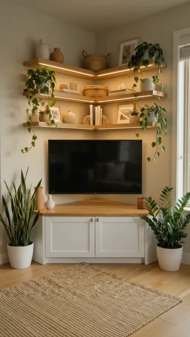 Modern white TV unit with wooden top and illuminated floating corner shelves with plants.