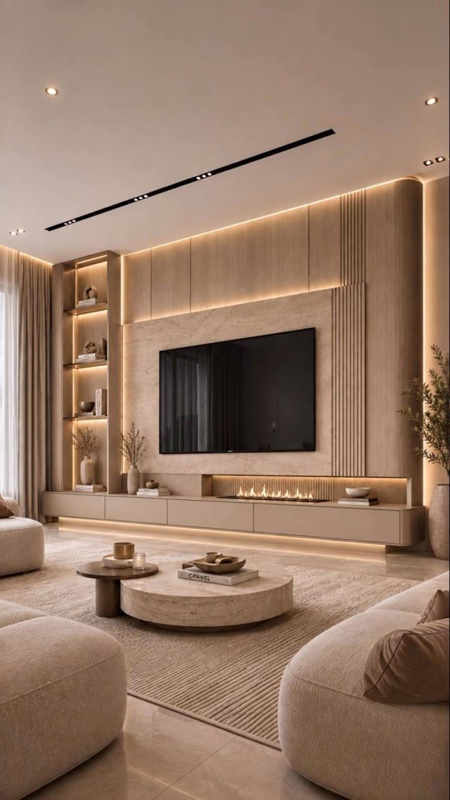 Modern beige wood-paneled TV unit with integrated lighting and a linear fireplace.