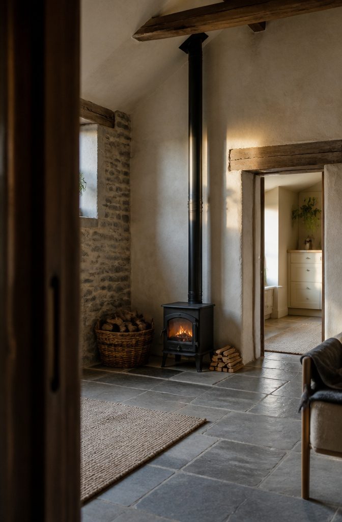 Wood-burning stove connected to a metal flue pipe along an exterior wall