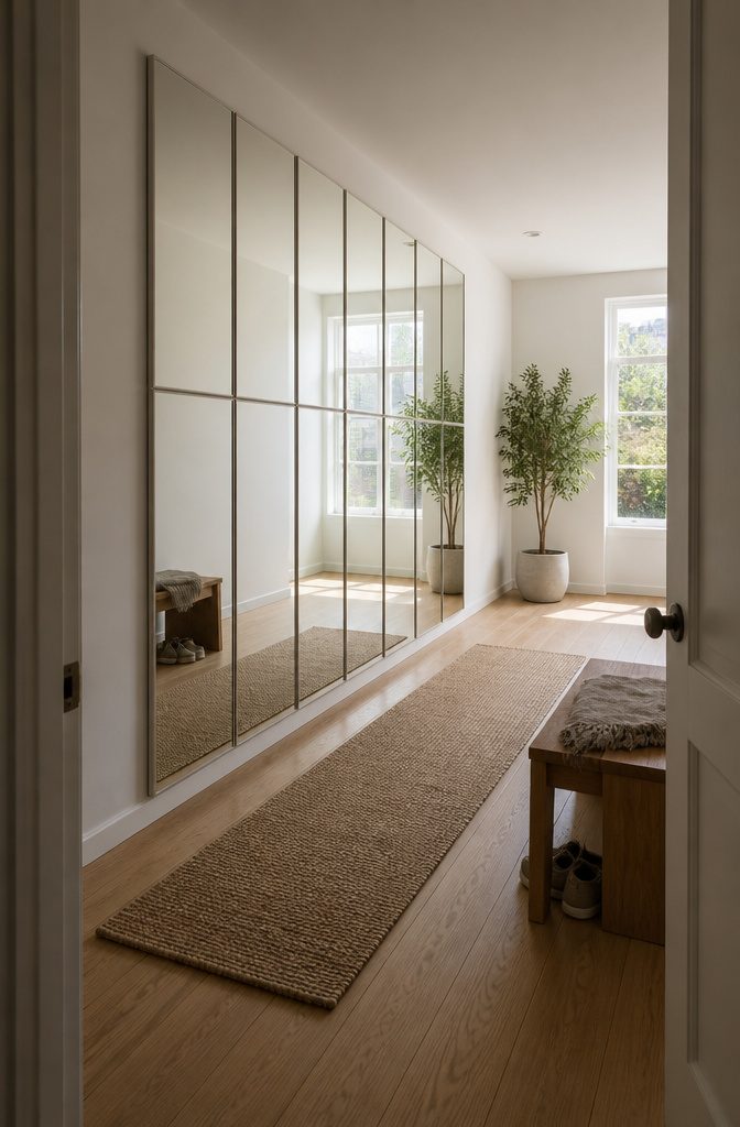 How to Make a Mirror Wall: 6 Ways, From Panels to Framed Glass 1 Slim rectangular mirrors arranged in 2 rows across a wall