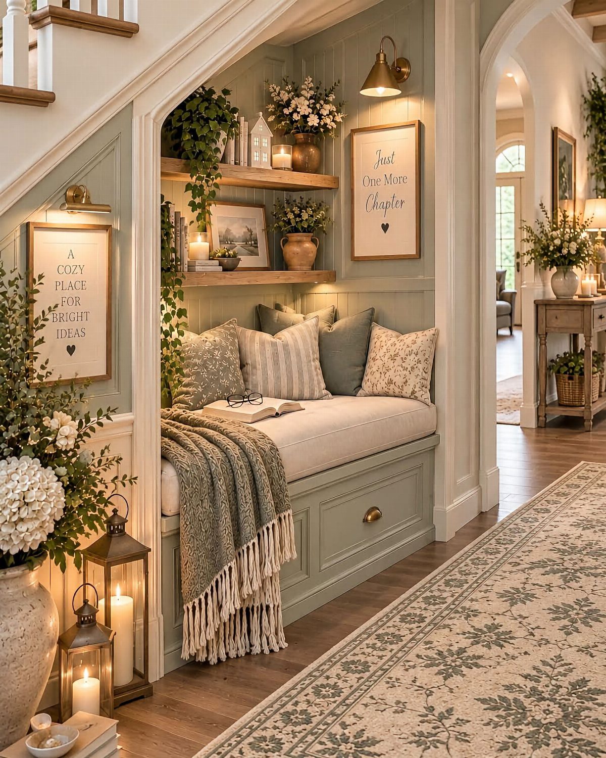 Built-in reading nook with cushions and shelves tucked under a staircase in a home.