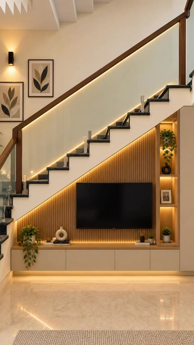 Television mounted on a wooden slatted wall under a staircase with LED lighting.
