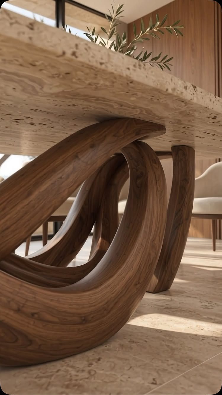 Marbled stone dining table with a sculptural, swirling dark wood base and beige tiles.