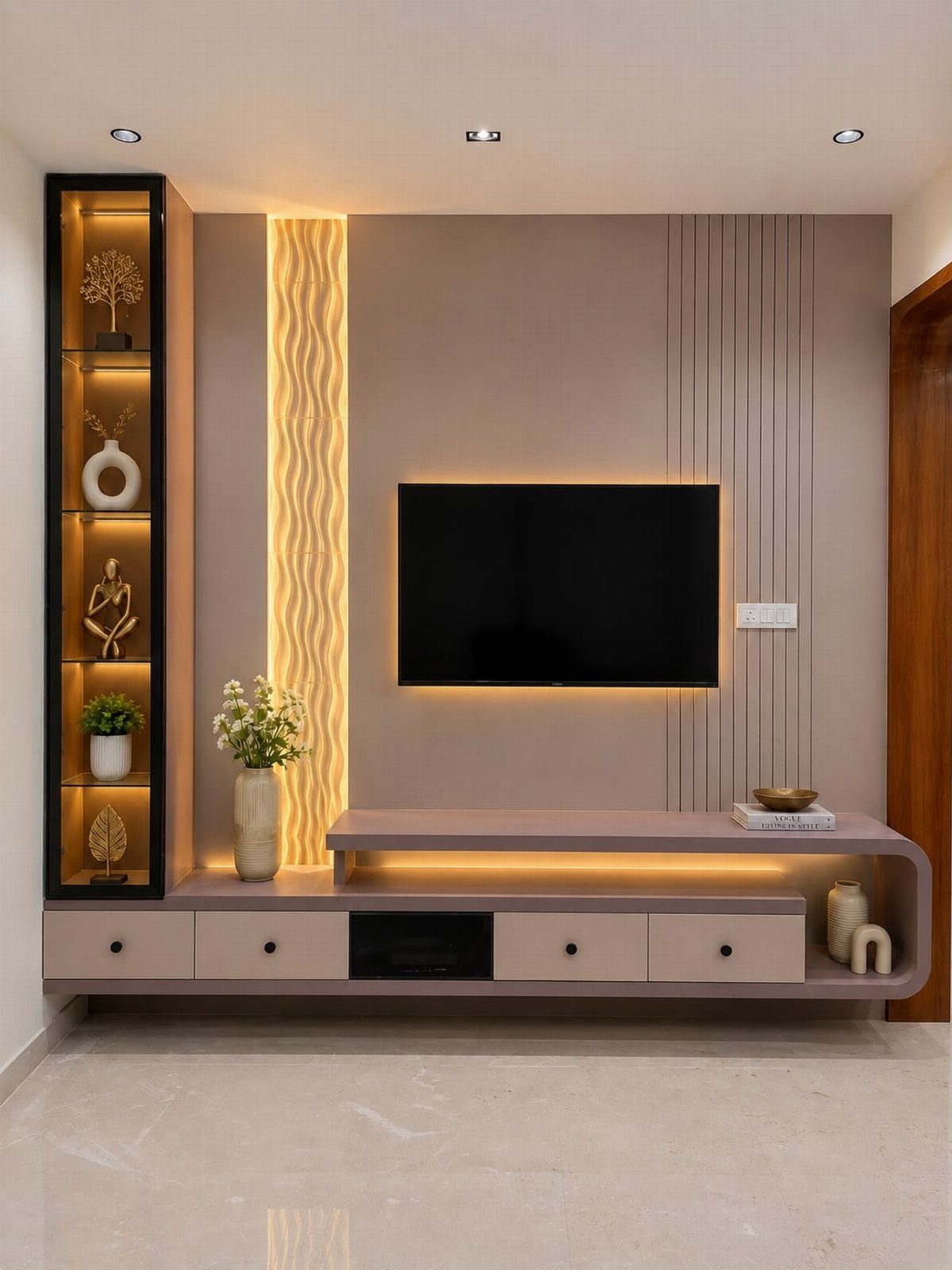 Unit TV Modern Ideas: 9 Designs for the Living Room 5 Modern TV unit with a mix of open glass shelving and closed drawers.