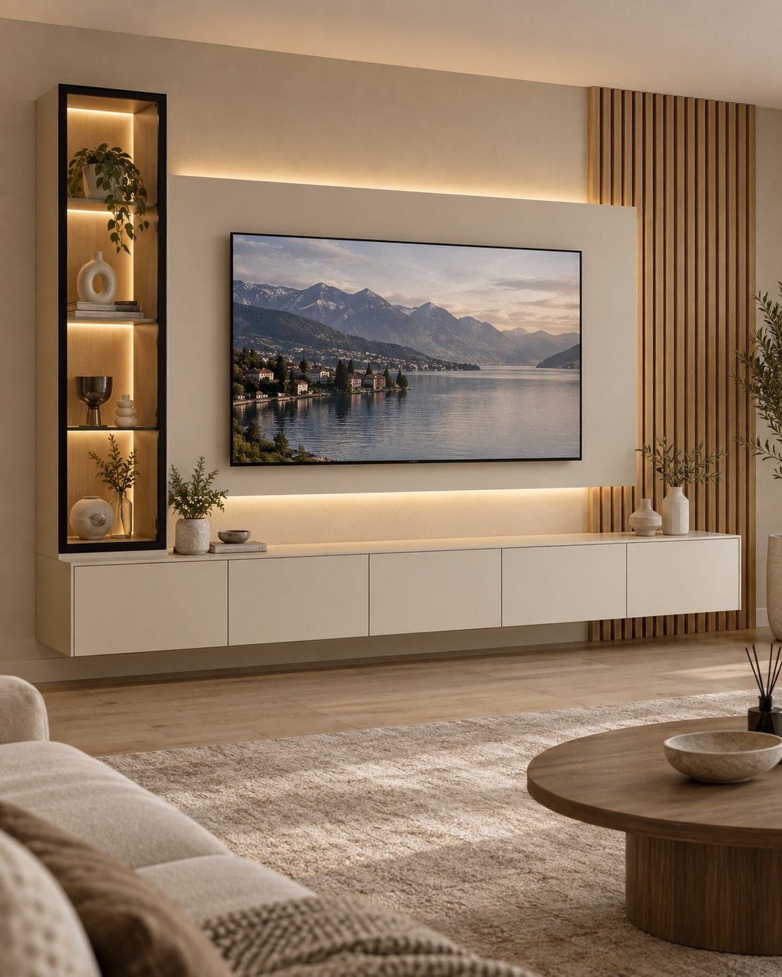 Modern white floating TV unit with a large screen and backlit shelving.