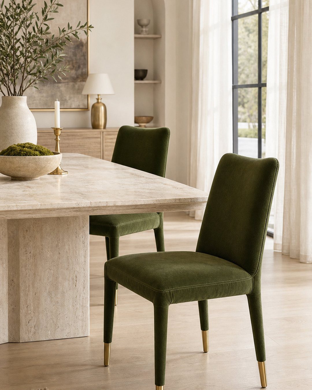 Dark green velvet dining chairs with gold legs at a marble table.