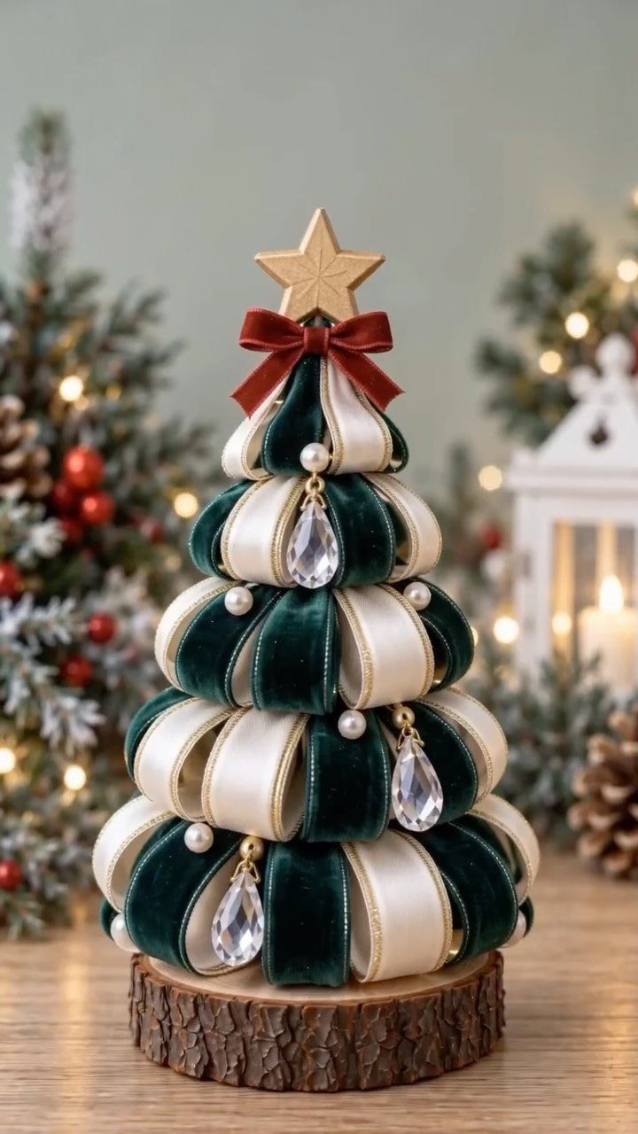 Velvet ribbon Christmas tree with a gold star and crystals on a wood base.