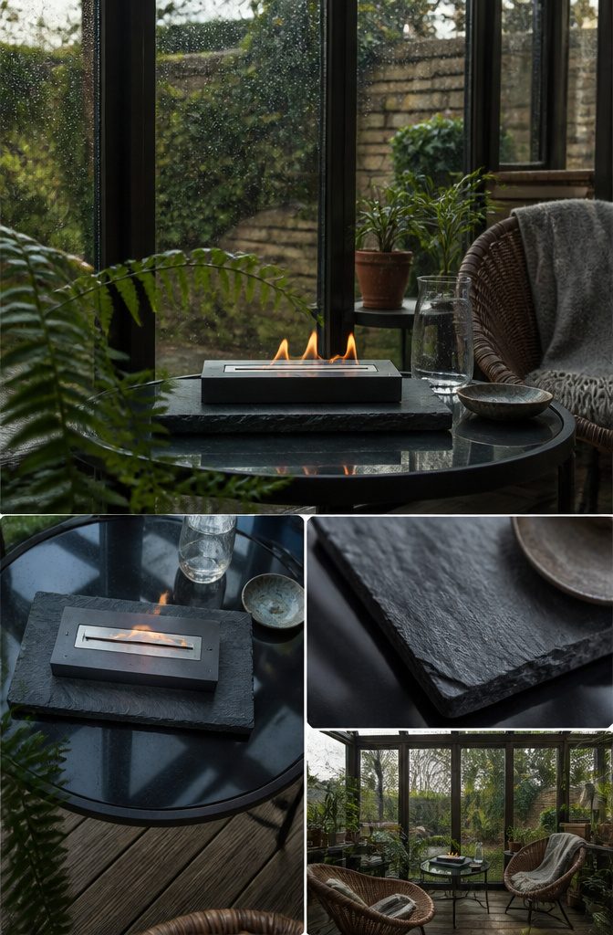 Tabletop ethanol fireplace with an open flame on a slate base