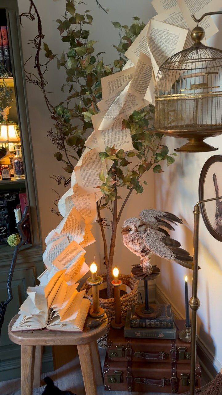 Vintage room corner with open books, lit candles, a birdcage, and old suitcases.