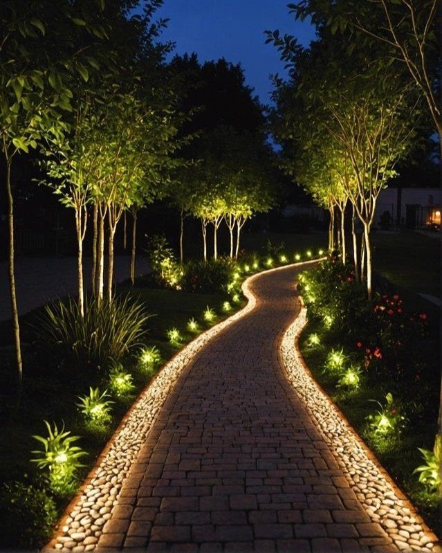 13 Rope Lighting Ideas Outdoor for Decks, Steps and Fences 1 Winding stone pathway with glowing rope light borders and illuminated garden trees