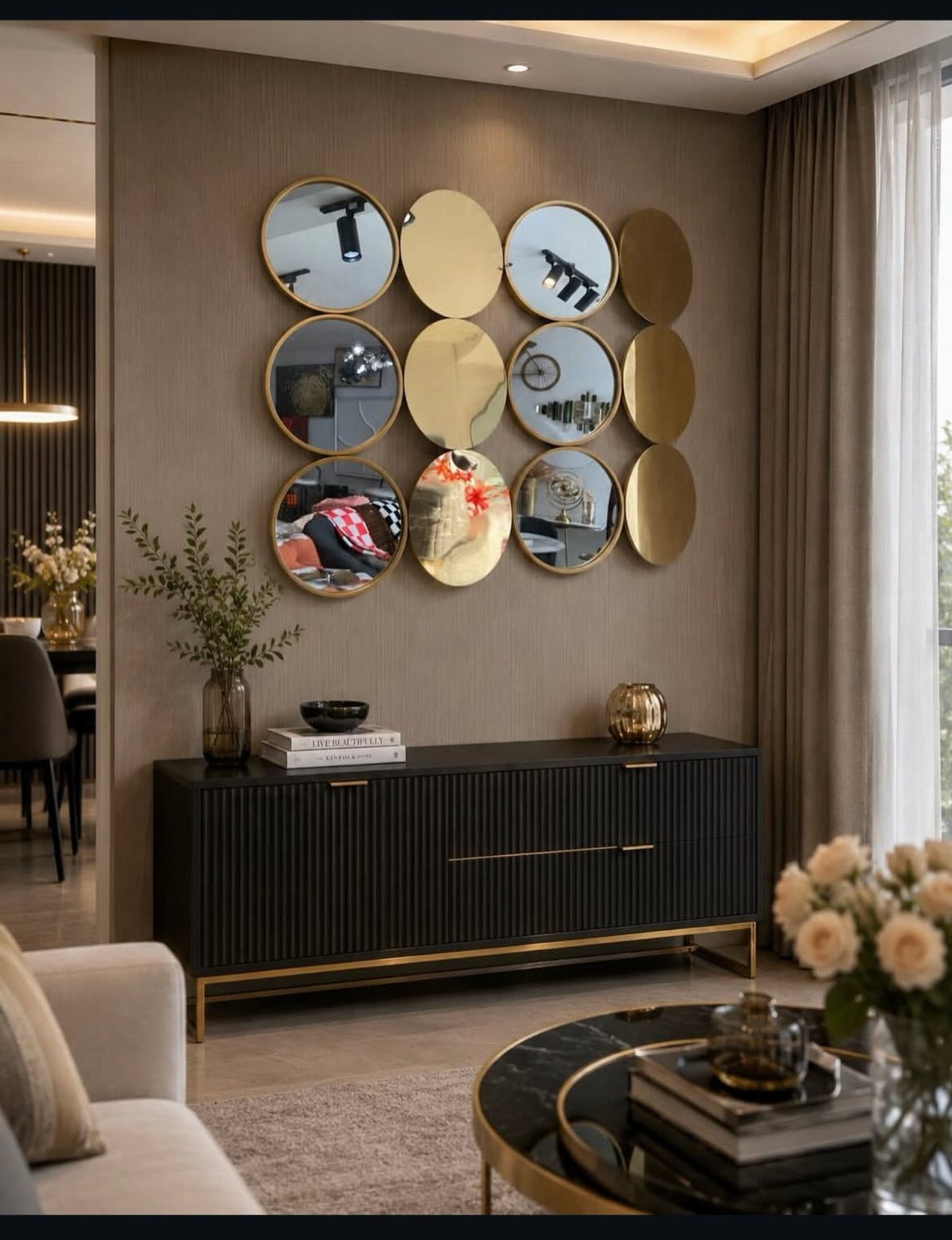 Mirror Wall Art: 25 Ideas from Sunburst to Floor Mirrors 11 Nine circular gold-framed mirrors arranged in a grid above a black fluted sideboard.