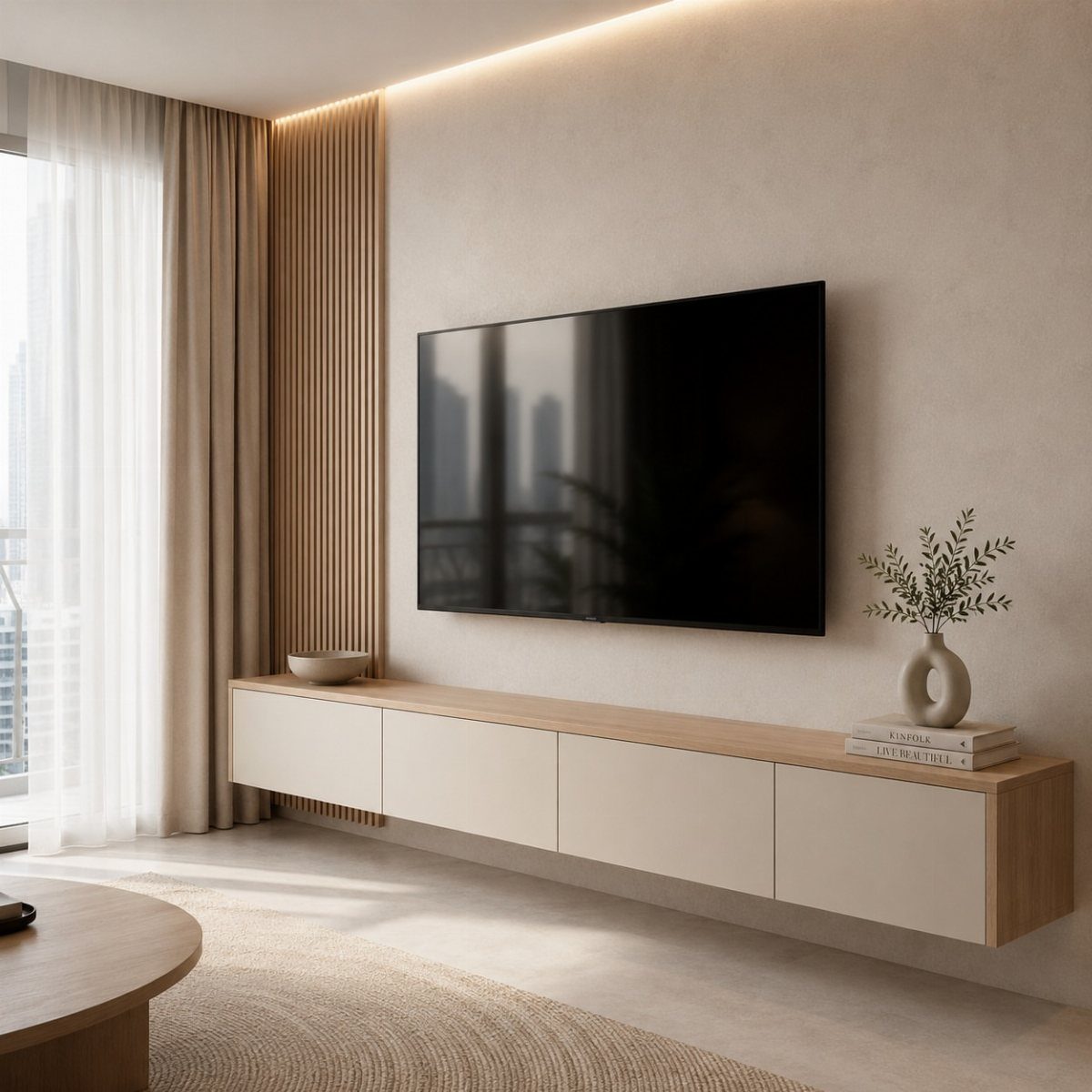 Wall-mounted TV with a floating console and warm LED strip lighting along the ceiling.