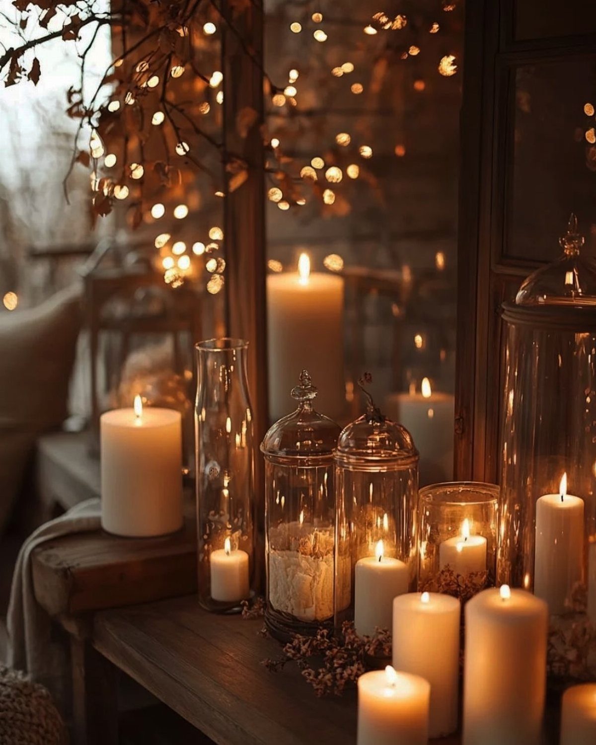 Lit white pillar candles and glass jars on wood with glowing background fairy lights.