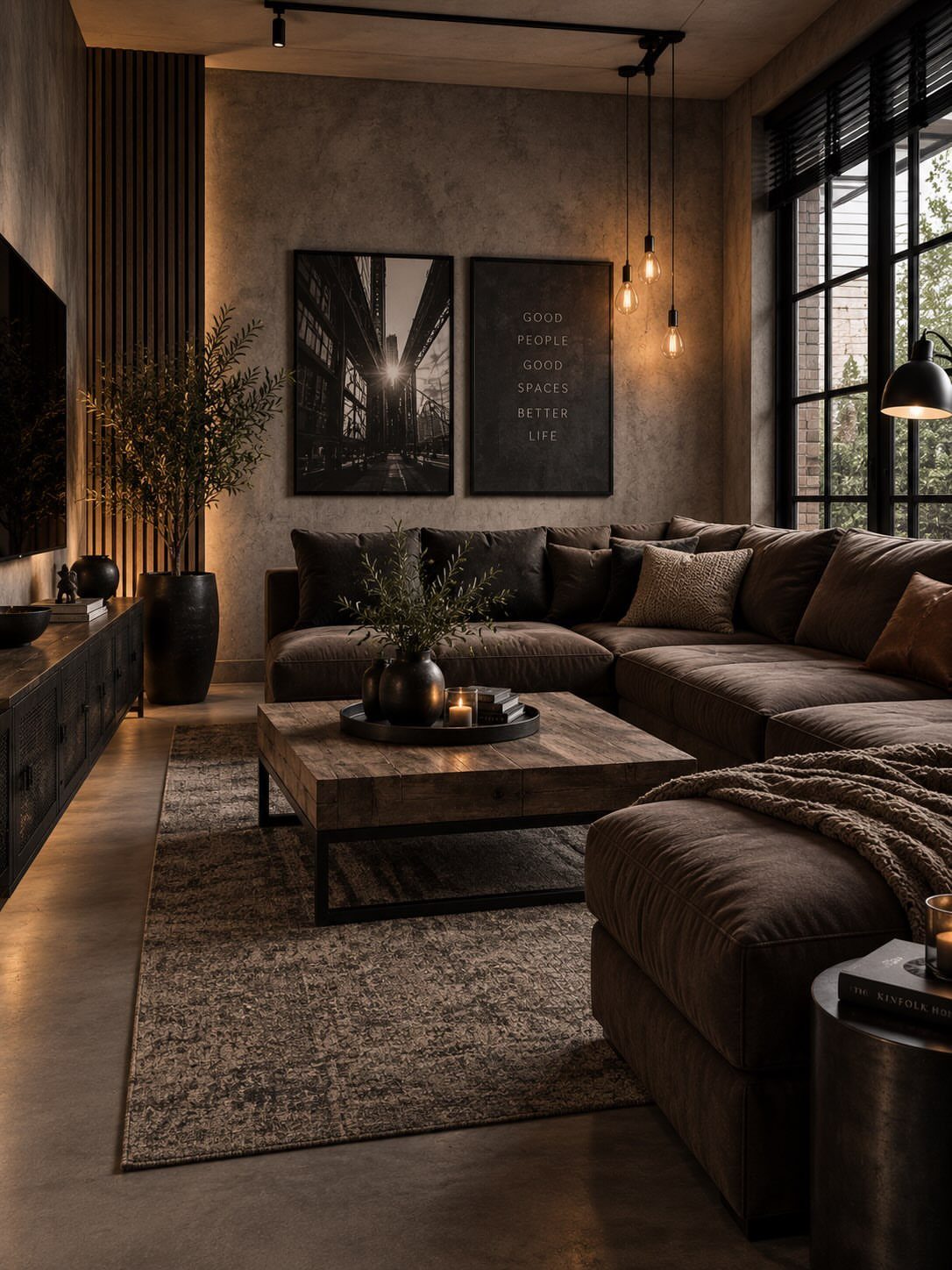 13 Alt Room Decor Ideas with Moody Colors, Wood, and Plants 9 Dark wood coffee table and sideboard in a moody, industrial style living room.
