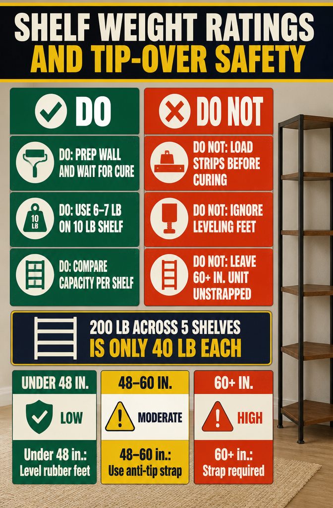 Rental Friendly Shelves for Apartments, Bathrooms, and Closets 16 Shelf safety infographic with capacity guidance and anti-tip recommendations