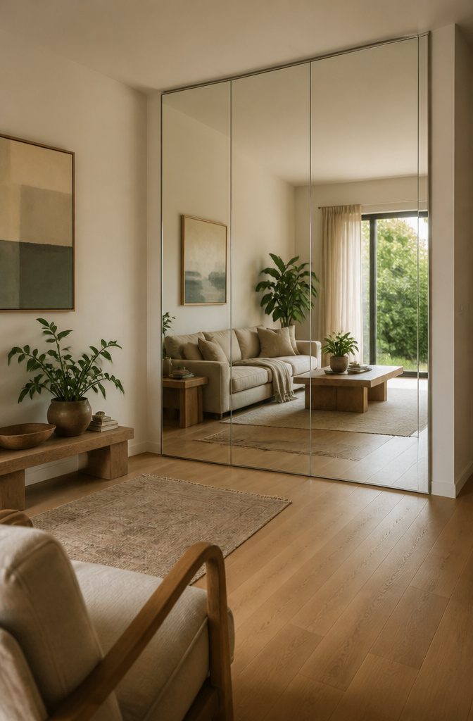 Floor-to-ceiling mirror on a living room wall near a television