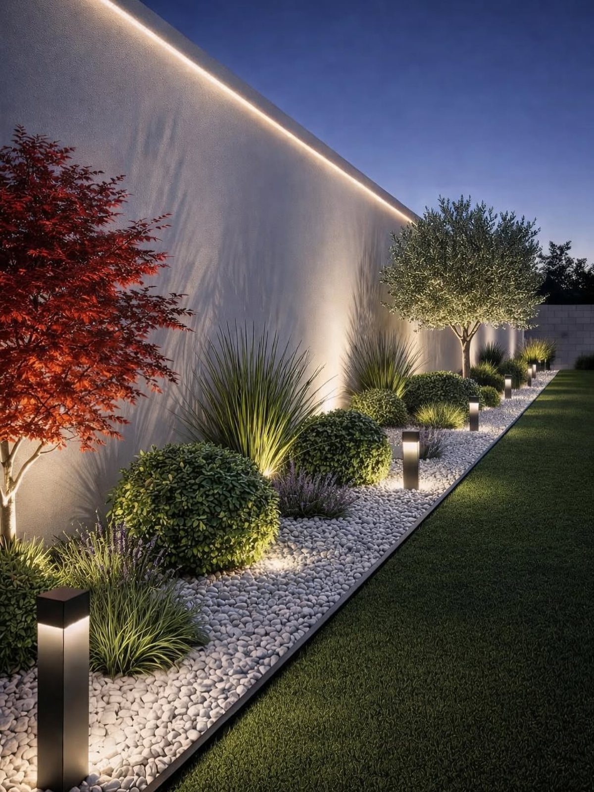 17 Wall Planting Ideas, from Green Walls to Stone Planters 6 White stucco garden wall with integrated lighting, white pebbles, and manicured green shrubs.